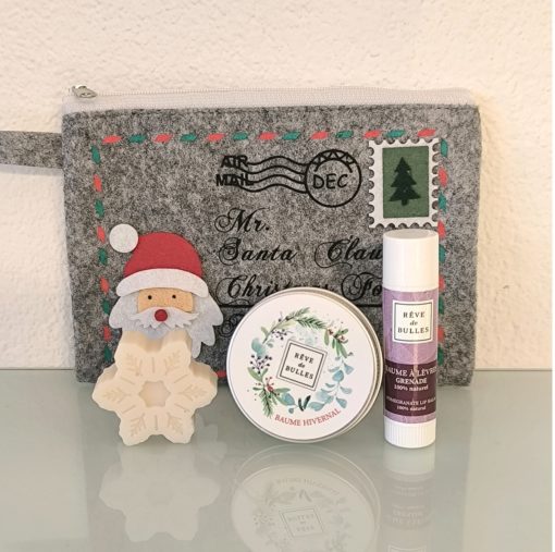 Pochette en tissu gris (stick, mini savon et baume hivernal)