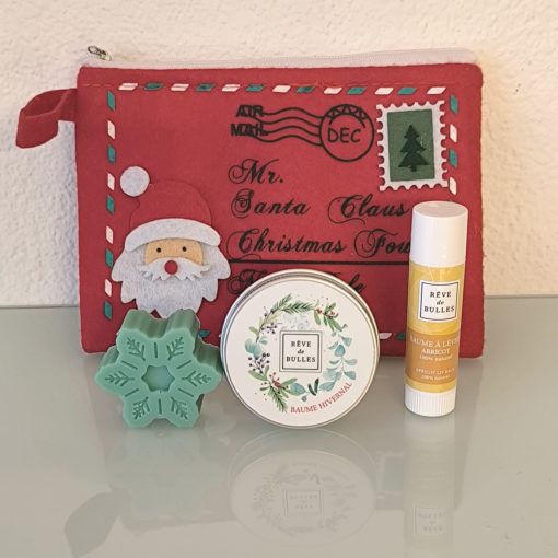 Pochette en tissu rouge (stick, mini savon et baume hivernal)