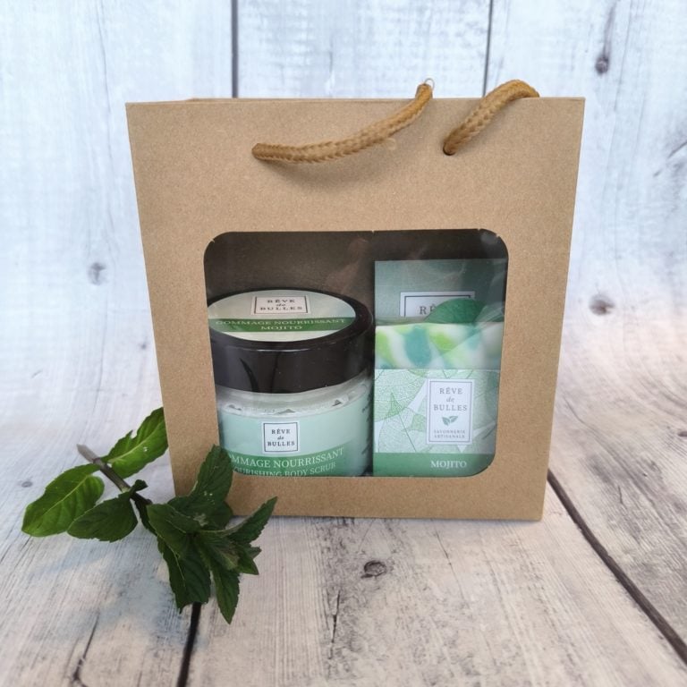 Magnifique coffret cadeau comprenant un savon et un gommage corporel nourrissant au Mojito