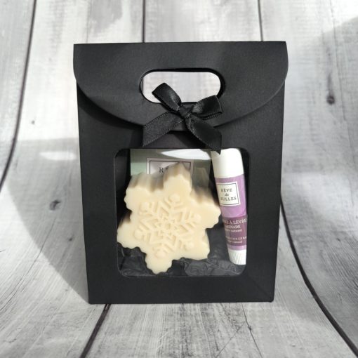 Pochette savon gros flocon et stick à lèvres grenade