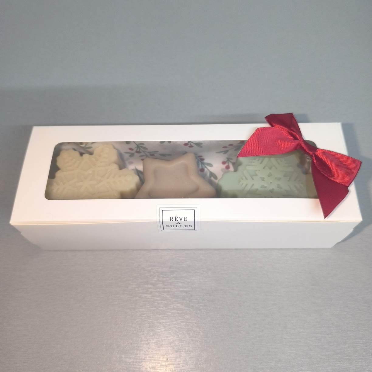 Coffret de Noël de 3 savons (2 flocons et 1 étoile) (blanc)