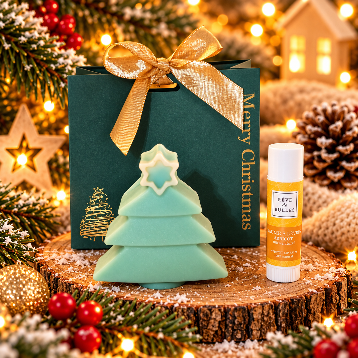 Pochette de Noël (petit savon sapin et stick à lèvres abricot)